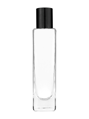 Slim design 50 ml, 1.7oz  clear glass bottle  with reducer and tall black shiny cap.