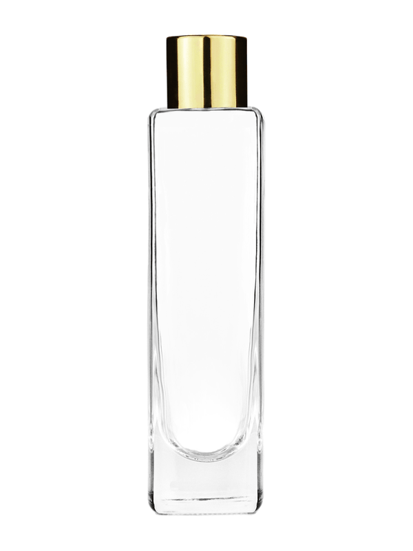 Slim design 50 ml, 1.7oz  clear glass bottle  with reducer and shiny gold cap.