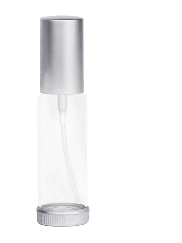 Clear Glass Spray Bottle with Silver Top and Base. Capacity: 1oz (30ml)