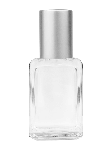 Square design 15ml, 1/2oz Clear glass bottle with metal roller ball plug and matte silver cap.