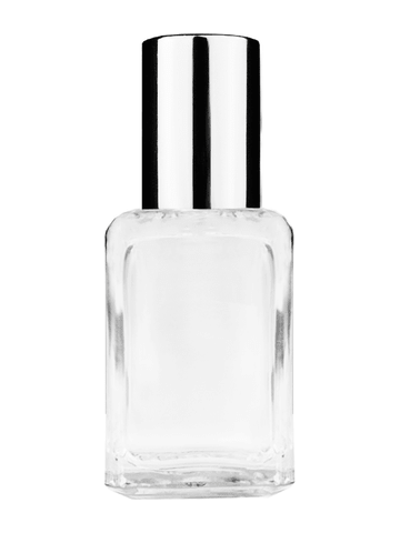 Square design 15ml, 1/2oz Clear glass bottle with metal roller ball plug and shiny silver cap.