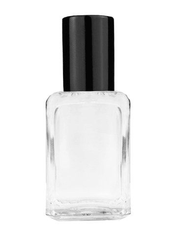 Square design 15ml, 1/2oz Clear glass bottle with plastic roller ball plug and black shiny cap.