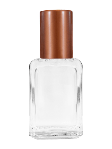 Square design 15ml, 1/2oz Clear glass bottle with plastic roller ball plug and matte copper cap.