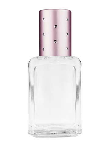Square design 15ml, 1/2oz Clear glass bottle with plastic roller ball plug and pink cap with dots.