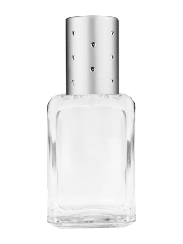Square design 15ml, 1/2oz Clear glass bottle with plastic roller ball plug and silver cap with dots.