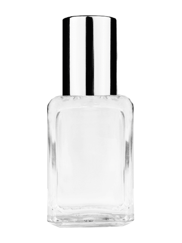 Square design 15ml, 1/2oz Clear glass bottle with shiny silver cap.
