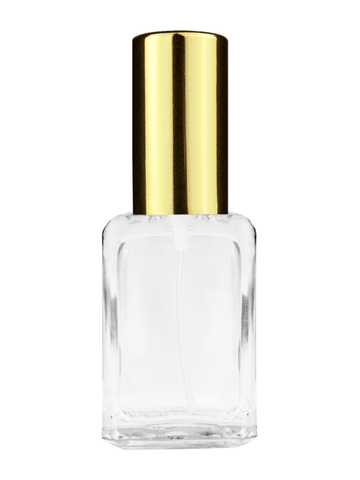 Square design 15ml, 1/2oz Clear glass bottle with shiny gold spray.