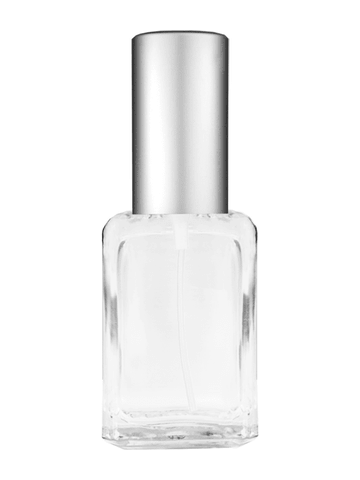 Square design 15ml, 1/2oz Clear glass bottle with matte silver spray.