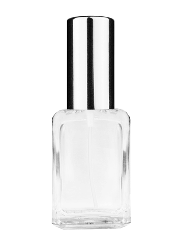 Square design 15ml, 1/2oz Clear glass bottle with shiny silver spray.