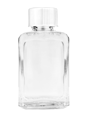 Square design 15ml, 1/2oz Clear glass bottle with short white cap.