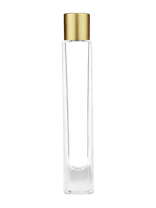 Empty Clear glass bottle with short matte gold cap capacity: 9ml, 1/3oz. For use with perfume or fragrance oil, essential oils, aromatic oils and aromatherapy.