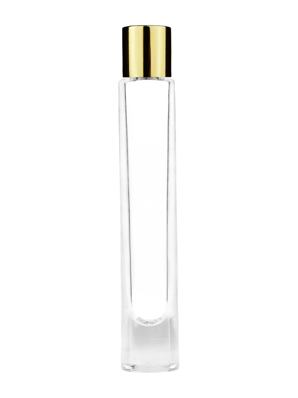 Empty Clear glass bottle with short shiny gold cap capacity: 9ml, 1/3oz. For use with perfume or fragrance oil, essential oils, aromatic oils and aromatherapy.