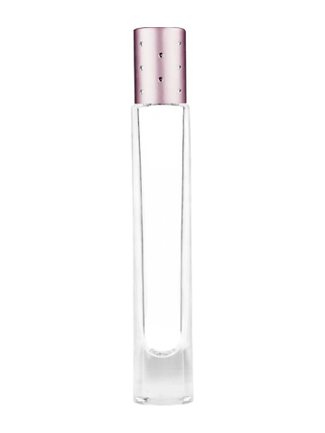 Tall cylinder design 9ml, 1/3oz Clear glass bottle with metal roller ball plug and pink cap with dots.