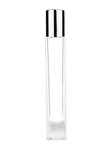 Tall cylinder design 9ml, 1/3oz Clear glass bottle with metal roller ball plug and shiny silver cap.