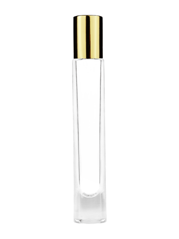 Tall cylinder design 9ml, 1/3oz Clear glass bottle with plastic roller ball plug and shiny gold cap.