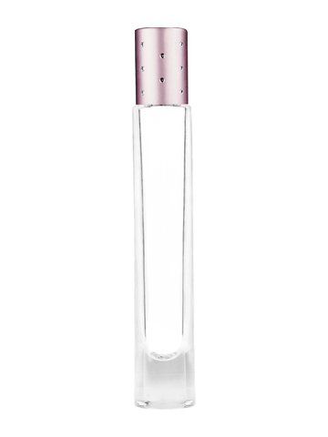 Tall cylinder design 9ml, 1/3oz Clear glass bottle with plastic roller ball plug and pink cap with dots.