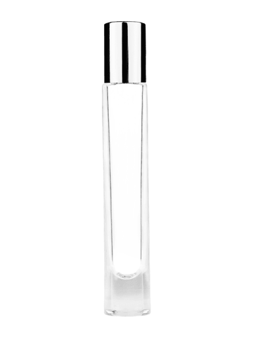Tall cylinder design 9ml, 1/3oz Clear glass bottle with shiny silver cap.