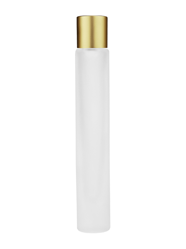 Empty frosted glass bottle with short matte gold cap capacity: 9ml, 1/3oz. For use with perfume or fragrance oil, essential oils, aromatic oils and aromatherapy.