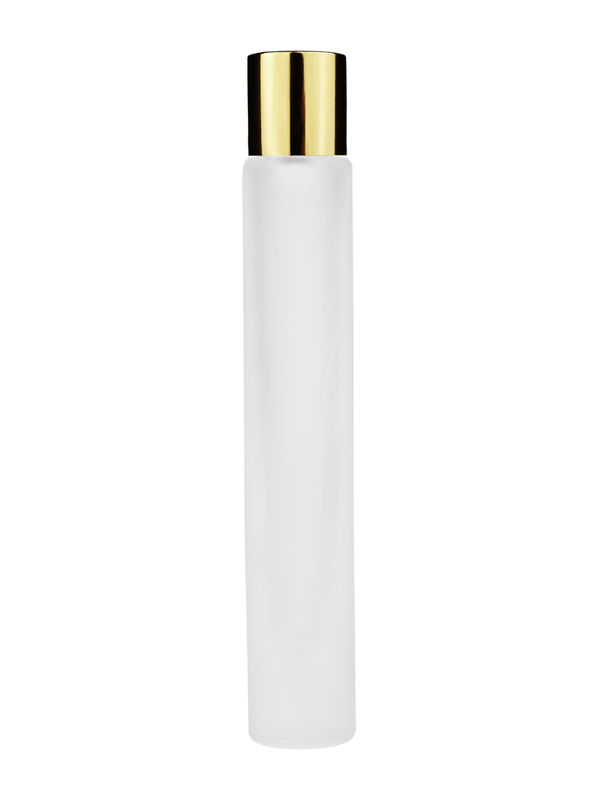 Empty frosted glass bottle with short shiny gold cap capacity: 9ml, 1/3oz. For use with perfume or fragrance oil, essential oils, aromatic oils and aromatherapy.