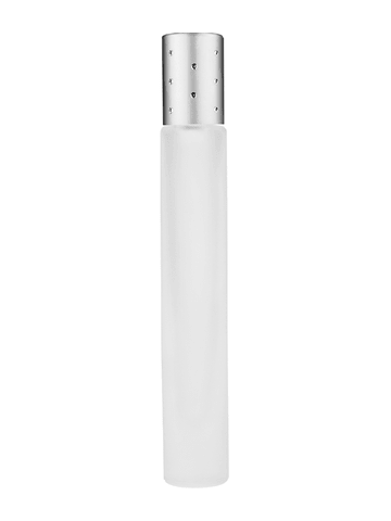 Tall cylinder design 9ml, 1/3oz frosted glass bottle with metal roller ball plug and silver cap with dots.