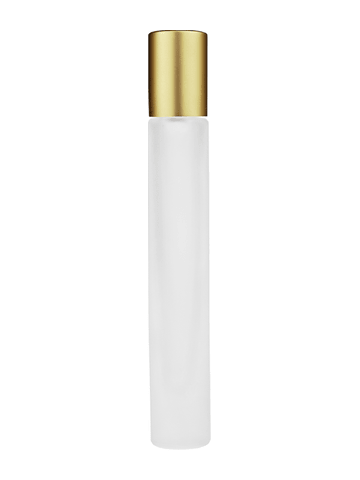 Tall cylinder design 9ml, 1/3oz frosted glass bottle with plastic roller ball plug and matte gold cap.