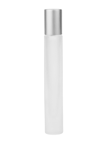Tall cylinder design 9ml, 1/3oz frosted glass bottle with plastic roller ball plug and matte silver cap.