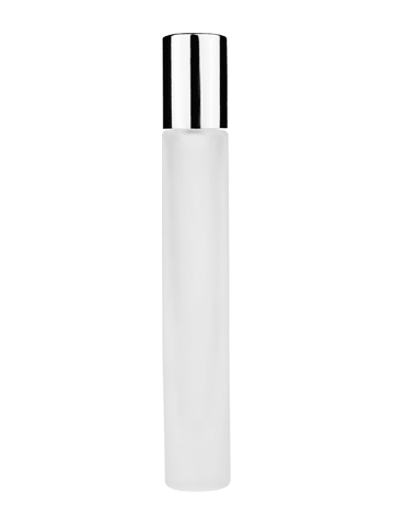 Tall cylinder design 9ml, 1/3oz frosted glass bottle with plastic roller ball plug and shiny silver cap.