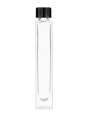 Tall rectangular design 10ml, 1/3oz Clear glass bottle with short black ridged cap.