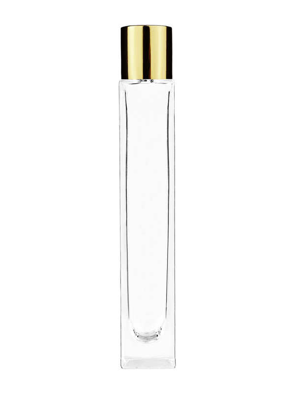 Empty Clear glass bottle with short shiny gold cap capacity: 10ml, 1/3oz. For use with perfume or fragrance oil, essential oils, aromatic oils and aromatherapy.