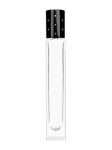Tall rectangular design 10ml, 1/3oz Clear glass bottle with metal roller ball plug and black shiny cap with dots.