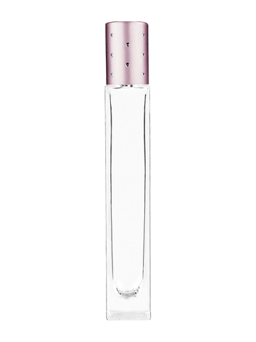 Tall rectangular design 10ml, 1/3oz Clear glass bottle with metal roller ball plug and pink cap with dots.