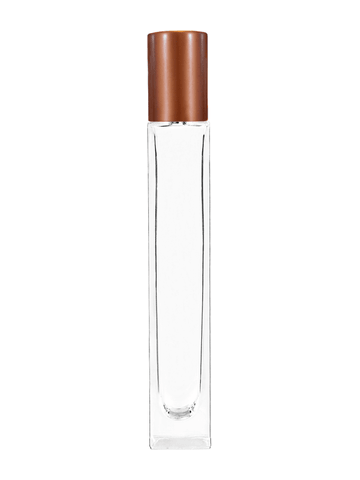 Tall rectangular design 10ml, 1/3oz Clear glass bottle with plastic roller ball plug and matte copper cap.