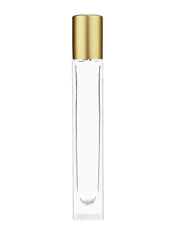 Tall rectangular design 10ml, 1/3oz Clear glass bottle with plastic roller ball plug and matte gold cap.
