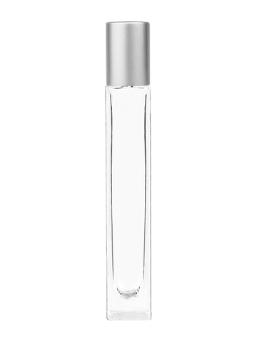 Tall rectangular design 10ml, 1/3oz Clear glass bottle with plastic roller ball plug and matte silver cap.