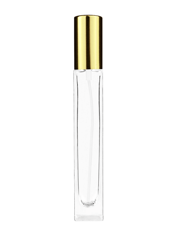 Tall rectangular design 10ml, 1/3oz Clear glass bottle with shiny gold spray.