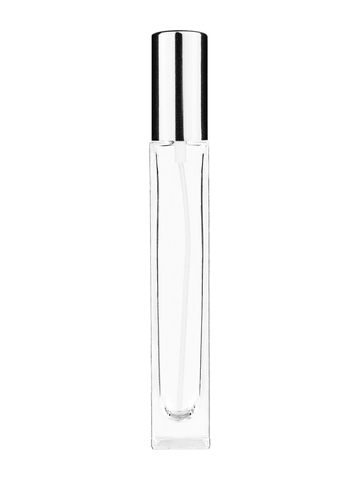 Tall rectangular design 10ml, 1/3oz Clear glass bottle with shiny silver spray.