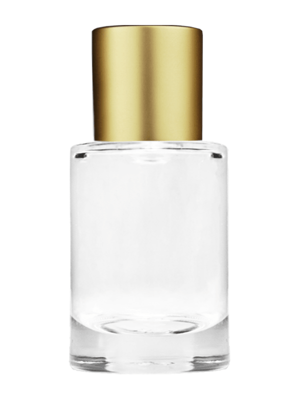 Empty Clear glass bottle with short matte gold cap capacity: 6ml, 1/5oz. For use with perfume or fragrance oil, essential oils, aromatic oils and aromatherapy.