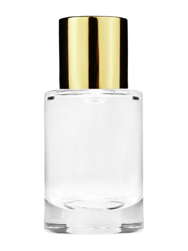 Empty Clear glass bottle with short shiny gold cap capacity: 6ml, 1/5oz. For use with perfume or fragrance oil, essential oils, aromatic oils and aromatherapy.