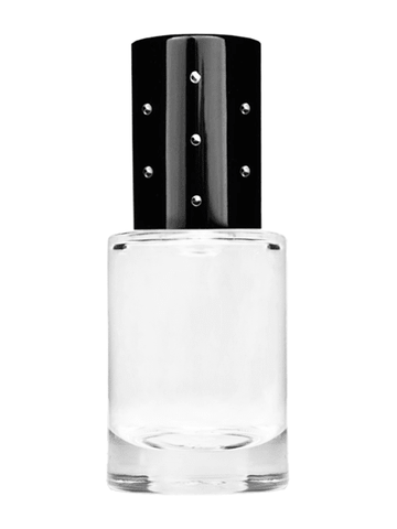 Tulip design 6ml, 1/5oz Clear glass bottle with metal roller ball plug and black shiny cap with dots.