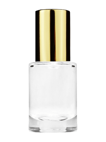 Tulip design 6ml, 1/5oz Clear glass bottle with metal roller ball plug and shiny gold cap.