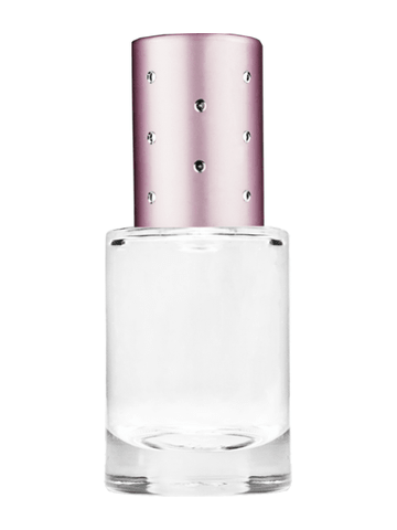 Tulip design 6ml, 1/5oz Clear glass bottle with metal roller ball plug and pink cap with dots.