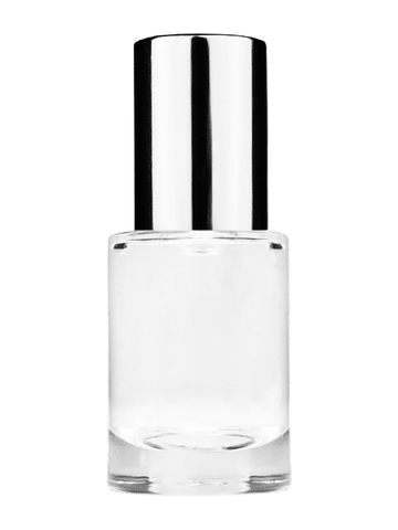 Tulip design 6ml, 1/5oz Clear glass bottle with metal roller ball plug and shiny silver cap.