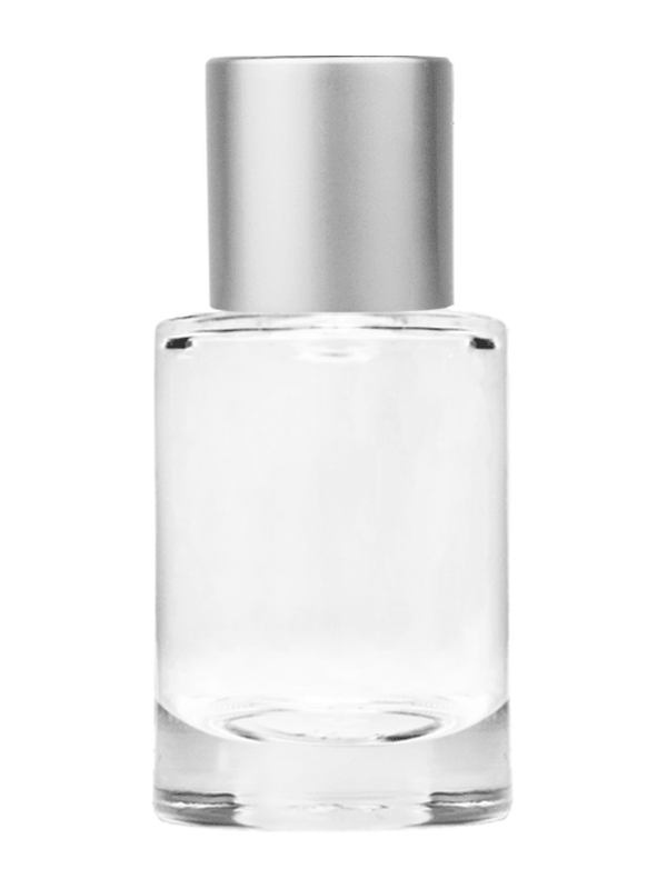 Empty Clear glass bottle with short matte silver cap capacity: 6ml, 1/5oz. For use with perfume or fragrance oil, essential oils, aromatic oils and aromatherapy.