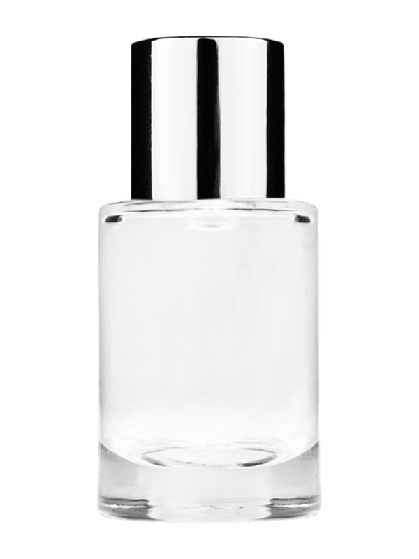Empty Clear glass bottle with short shiny silver cap capacity: 6ml, 1/5oz. For use with perfume or fragrance oil, essential oils, aromatic oils and aromatherapy.