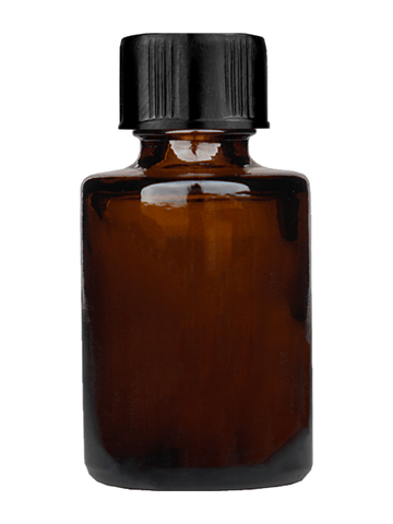Tulip design 5ml, 1/6 oz Amber glass bottle with short black ridged cap.