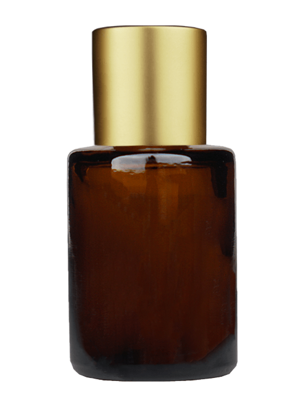 Empty Amber glass bottle with short matte gold cap capacity: 5ml, 1/6 oz. For use with perfume or fragrance oil, essential oils, aromatic oils and aromatherapy.