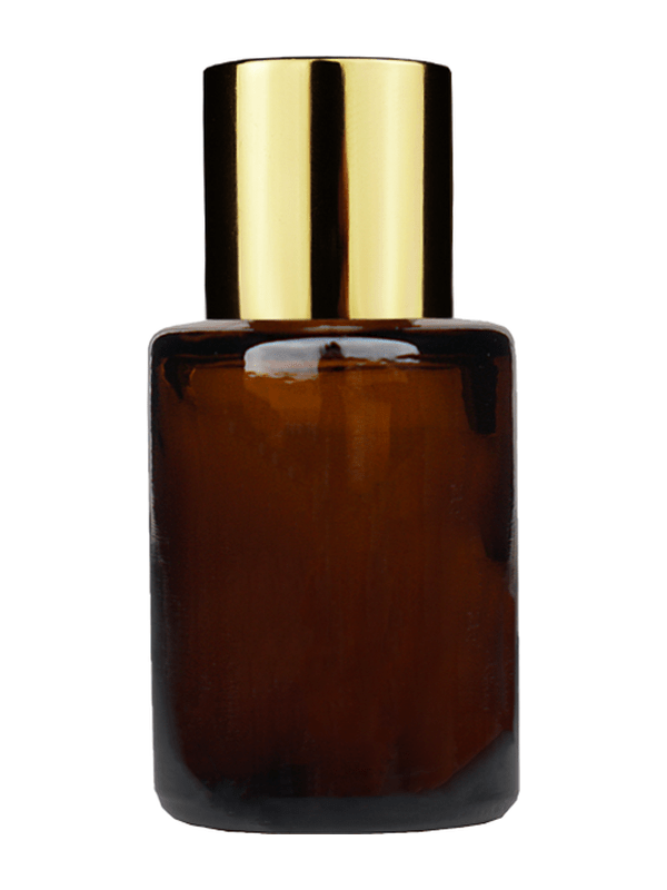 Empty Amber glass bottle with short shiny gold cap capacity: 5ml, 1/6 oz. For use with perfume or fragrance oil, essential oils, aromatic oils and aromatherapy.