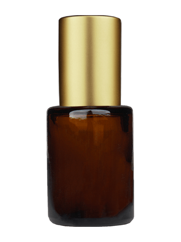 Tulip design 5ml, 1/6 oz Amber glass bottle with metal roller ball plug and matte gold cap.