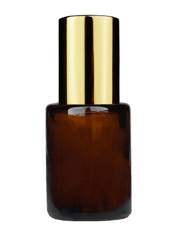 Tulip design 5ml, 1/6 oz Amber glass bottle with metal roller ball plug and shiny gold cap.