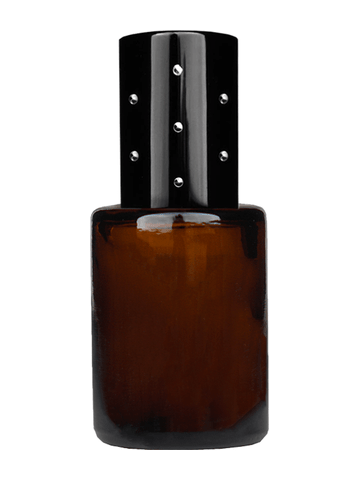 Tulip design 5ml, 1/6 oz Amber glass bottle with plastic roller ball plug and black shiny cap with dots.